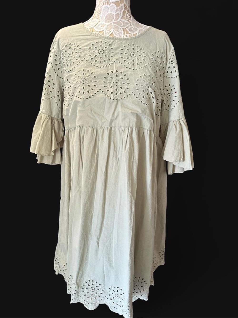 Alstyle Cream Eyelet Babydoll Midi Dress with Ruffle Sleeves